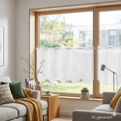 Die Kurzgardine Alegra mit Blütenstickerei in weiß-silber-taupe  in 45 cm Höhe wurde an ein sonnendurchflutetes Wohnzimmerfenster dekoriert.
