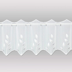 Moderne Stickerei-Kurzgardine Alexis in 30 cm Höhe auf grauem Hintergrund.