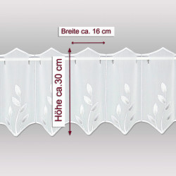 Moderne Stickerei-Kurzgardine Alexis in 30 cm Höhe auf grauem Hintergrund mit Massangaben.
