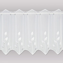 Moderne Stickerei-Kurzgardine Alexis in 45 cm Höhe auf grauem Hintergrund.