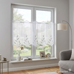 Moderne Stickerei-Kurzgardine Alexis in 45 cm Höhe an einem sonnendurchfluteten Holzfenster in einem moderne Wohnzimmer dekoriert.