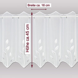 Moderne Stickerei-Kurzgardine Alexis in 45 cm Höhe auf grauem Hintergrund mit Massangaben.