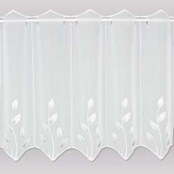 Moderne Stickerei-Kurzgardine Alexis in 55 cm Höhe auf grauem Hintergrund.