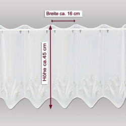 Maßskizze für Kurzgardine: Höhe ca. 45 cm, Breite pro Segment ca. 16 cm, hochwertige Plauener Spitze.