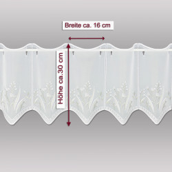 Weiße Scheibengardine mit Maßangaben: Höhe ca. 30 cm, Rapport-Breite ca. 16 cm, florale Stickerei.