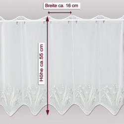 Produktdetails mit Maßen: Höhe ca. 55 cm, Breite ca. 16 cm, weiße Stickerei-Gardine für Fensterdeko.
