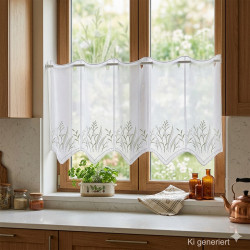 Kurze Bistrogardine in der Küche am Holzfenster, Landhaus-Stil mit Wiesenblumen-Stickerei für gemütliches Ambiente.