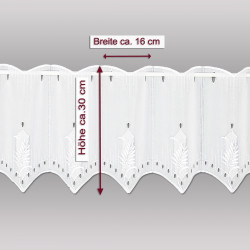 Maßgrafik für Plauener Spitze Scheibengardine: Höhe ca. 30 cm, Breite pro Segment ca. 16 cm, Weiß.