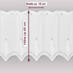 Produktdetails und Maße der Scheibengardine: ca. 45 cm hoch und 16 cm breit je Musterabschnitt.