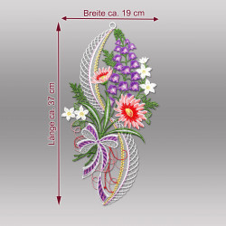 Fensterbild Gerbera Lila 19x37 cm, Maßangaben für Plauener Spitze Heimtextilien, hochwertige Fensterdeko nach Maß.