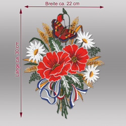 Plauener Spitze Fensterbild Mohnblumenstrauß mit Maßen 30x22 cm, farbenfrohe Stickerei, Heimtextilien Dekoration.
