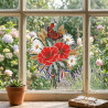 Farbenfrohes Fensterbild Mohnblumen mit Schmetterling, bestickte Plauener Spitze, sommerliche Heimtextil-Deko.