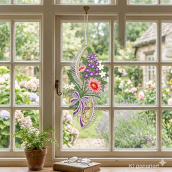 Filigranes Spitzenbild mit lila Glockenblumen und rosa Gerbera, hochwertige Fensterdeko aus Plauener Spitze.