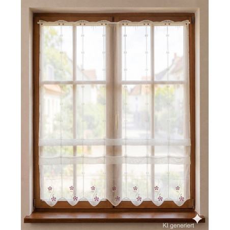 Klassische Scheibengardine mit Plauener Spitze und Blumen-Stickerei in Rot für stilvolle Fensterdekoration.