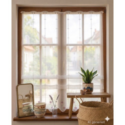 Halbtransparentes Raffrollo mit Blumen-Stickerei am Fenster im hellen Landhaus-Zimmer für wohnliche Heimtextil-Optik.