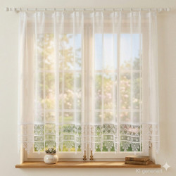 Weiße Kurzgardine aus Plauener Spitze in Landhaus-Optik an Fenster im hellen Wohnzimmer, dekorative Heimtextilien.