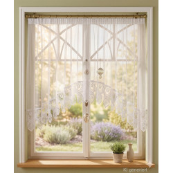 Weißer Bogenstore aus Plauener Spitze im hellen Landhaus-Wohnzimmer an goldener Gardinenstange dekoriert.