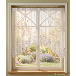 Weißer Bogenstore Bella aus Plauener Spitze mit Wellenkante, elegante Fensterdeko im Landhausstil.