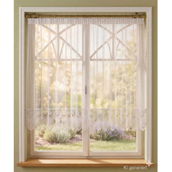 Gerader Store Bella aus weißer Spitze, halbtransparente Gardine mit ornamentalem Abschluss für gemütliches Ambiente.