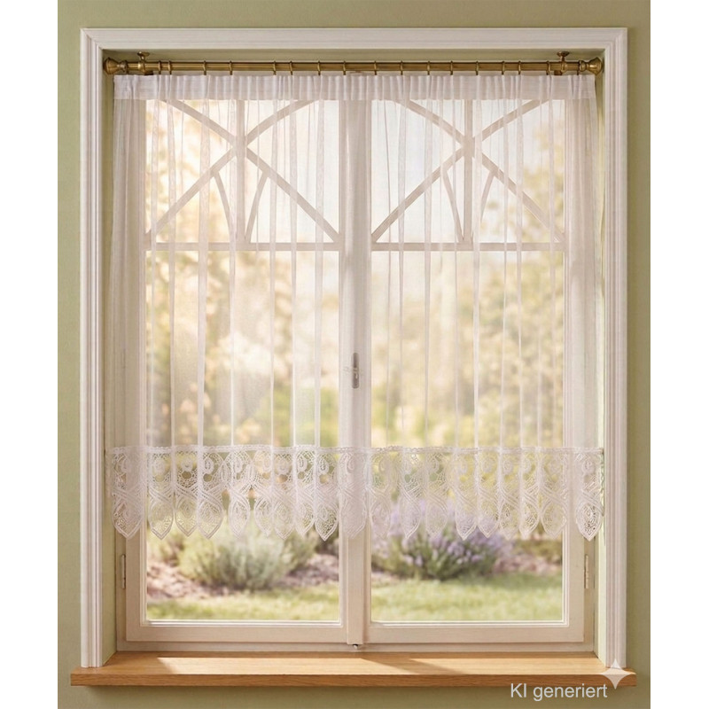 Gerader Store Bella aus weißer Spitze, halbtransparente Gardine mit ornamentalem Abschluss für gemütliches Ambiente.