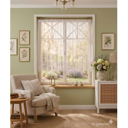 Weißer Spitzenvorhang im grünen Wohnzimmer, hochwertige Fensterdekoration für ein helles, gepflegtes Zuhause.