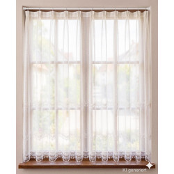 Halbtransparente Fenstergardine in Weiß mit feiner Stickerei-Bordüre und Faltenwurf für gemütliche Heimtextilien.