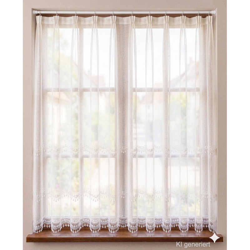 Halbtransparente Fenstergardine in Weiß mit feiner Stickerei-Bordüre und Faltenwurf für gemütliche Heimtextilien.