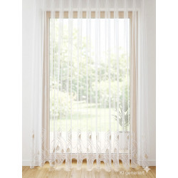 Weißer Store Valentina mit hochwertiger Stickerei am unteren Saum, bodenlang am hellen Fenster für stilvolles Wohnen.