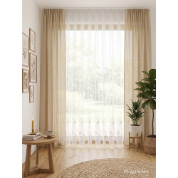 Halbtransparenter Store Valentina aus Plauener Spitze im modernen Wohnzimmer mit elegantem Stickerei-Abschluss am Fenster.