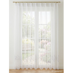 Lichtdurchlässiger Store Mia mit geometrischer Stickerei am Saum. Hochwertige Fensterdekoration in Weiß.