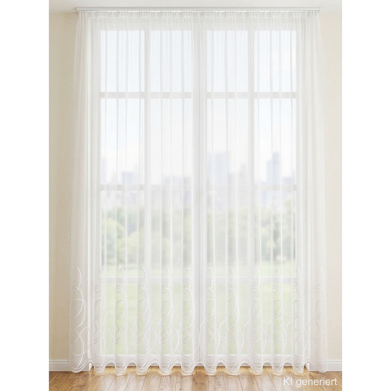 Weißer Store Raja mit eleganter Bogen-Stickerei am Saum, transparenter Sichtschutz für ein helles Wohnambiente.