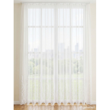 Weißer Store Raja mit eleganter Bogen-Stickerei am Saum, transparenter Sichtschutz für ein helles Wohnambiente.