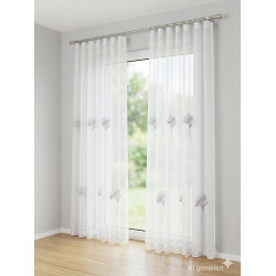 Halbtransparenter weißer Store mit gestickten Gingko-Blättern, moderne Fensterdekoration aus Plauener Spitze nach Maß.