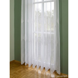 Halbtransparenter weißer Store mit moderner Bohr-Stickerei, Maßanfertigung aus Plauener Spitze für helle Wohnräume.