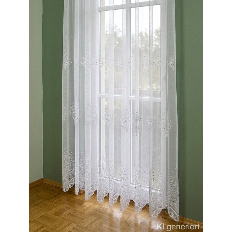 Halbtransparenter weißer Store mit moderner Bohr-Stickerei, Maßanfertigung aus Plauener Spitze für helle Wohnräume.