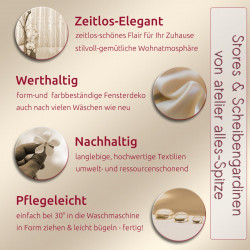 Infografik: Vorteile von atelier alles-Spitze wie Langlebigkeit, Nachhaltigkeit und einfache Pflege bei 30°C.