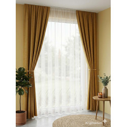 Halbtransparenter weißer Store Marina mit Blumenstickerei, kombiniert mit senfgelben Vorhängen im Wohnzimmer.