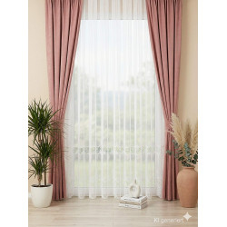 Halbtransparenter Store Carlotta aus weißer Spitze im Wohnzimmer-Ambiente mit rosa Vorhängen und grüner Zimmerpflanze.