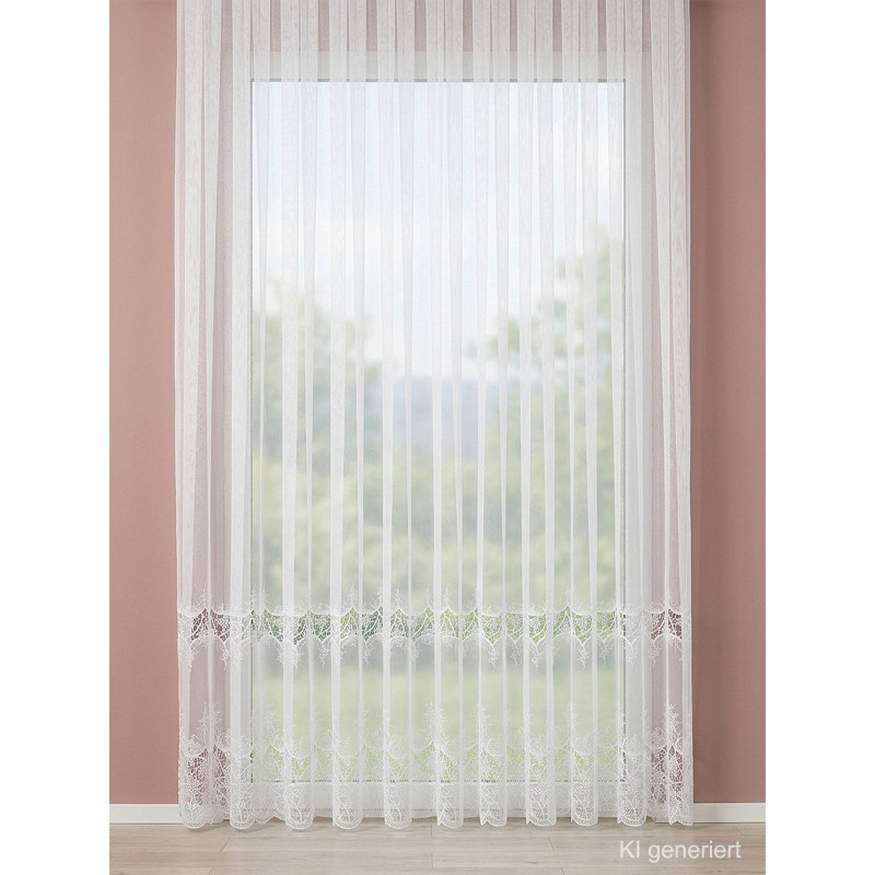 Weißer Gardinenstore Carlotta mit Wellenkante und filigranem Stickerei-Muster an einem großen Fenster vor rosa Wand.