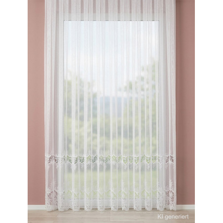 Weißer Gardinenstore Carlotta mit Wellenkante und filigranem Stickerei-Muster an einem großen Fenster vor rosa Wand.