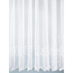 Halbtransparenter Fenster-Store Jasmina aus Plauener Spitze in Reinweiß mit dekorativem Blumenmuster am unteren Rand.