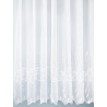 Halbtransparenter Fenster-Store Jasmina aus Plauener Spitze in Reinweiß mit dekorativem Blumenmuster am unteren Rand.