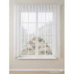 Weißer, halbtransparenter Bogenspitzen-Store mit floralem Muster am Saum, elegante Heimtextilien für klassische Fenster.