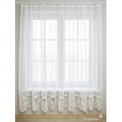 Halbtransparenter Fenster-Store in Weiß mit bogenförmiger Plauener Spitze, elegante Heimtextilien für das Fenster.