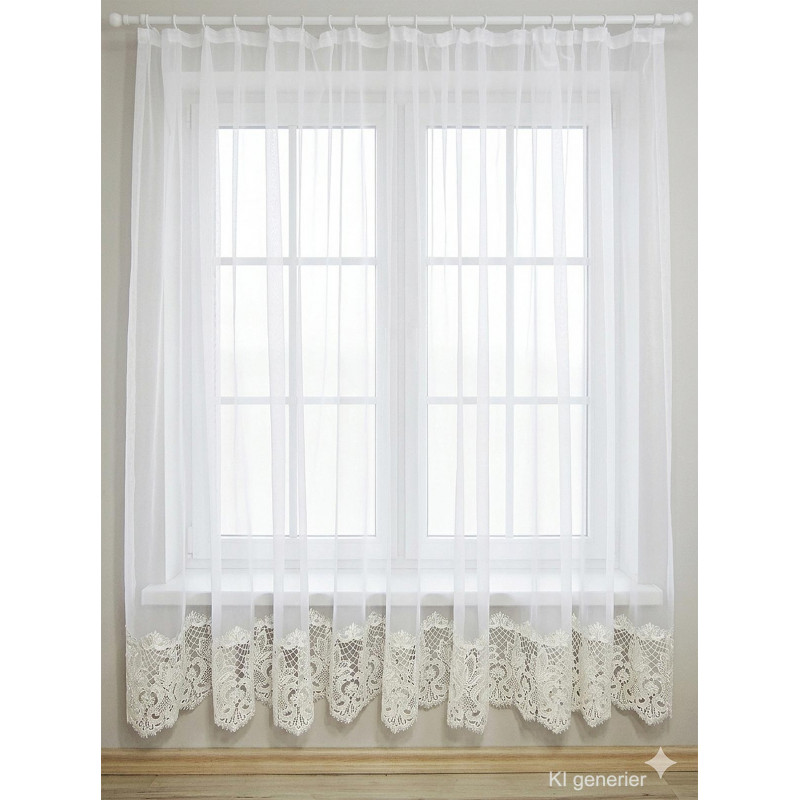 Halbtransparenter Fenster-Store in Weiß mit bogenförmiger Plauener Spitze, elegante Heimtextilien für das Fenster.