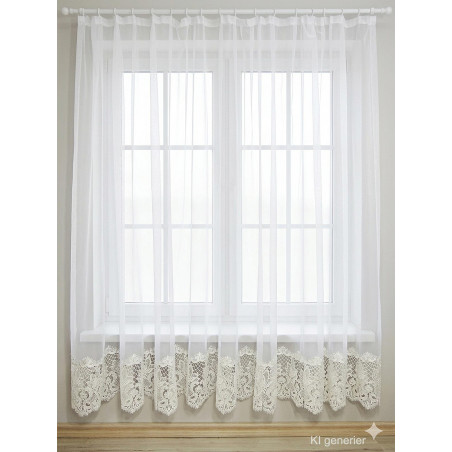 Halbtransparenter Fenster-Store in Weiß mit bogenförmiger Plauener Spitze, elegante Heimtextilien für das Fenster.