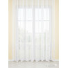Halbtransparenter weißer Fensterstore mit eleganter floraler Stickerei-Borte und bogenförmigem Saumabschluss.