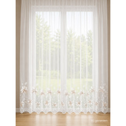Halbtransparenter Fenster-Store Lili in Weiß-Braun mit eleganter floraler Stickerei aus echter Plauener Spitze.