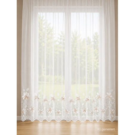 Halbtransparenter Fenster-Store Lili in Weiß-Braun mit eleganter floraler Stickerei aus echter Plauener Spitze.