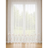 Halbtransparenter Fenster-Store Lili in Weiß-Braun mit eleganter floraler Stickerei aus echter Plauener Spitze.